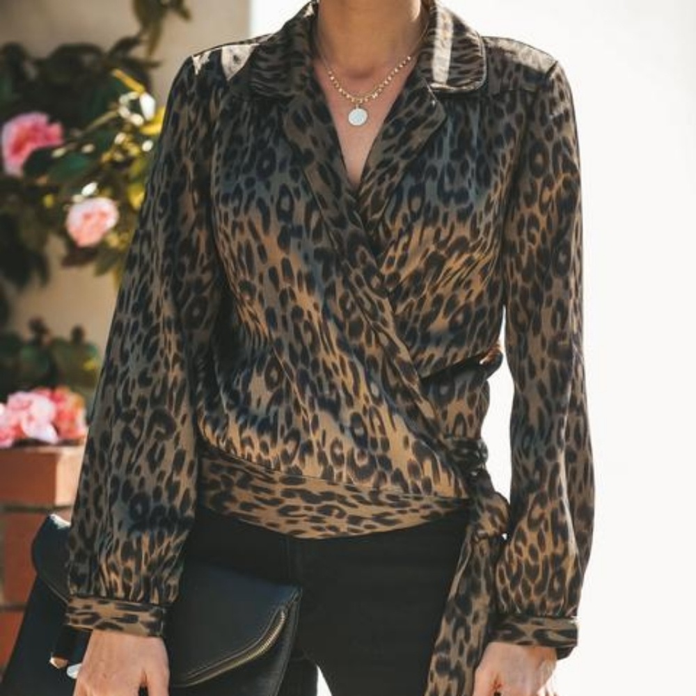 Satin Leopard Wrap Blouse Tie Side